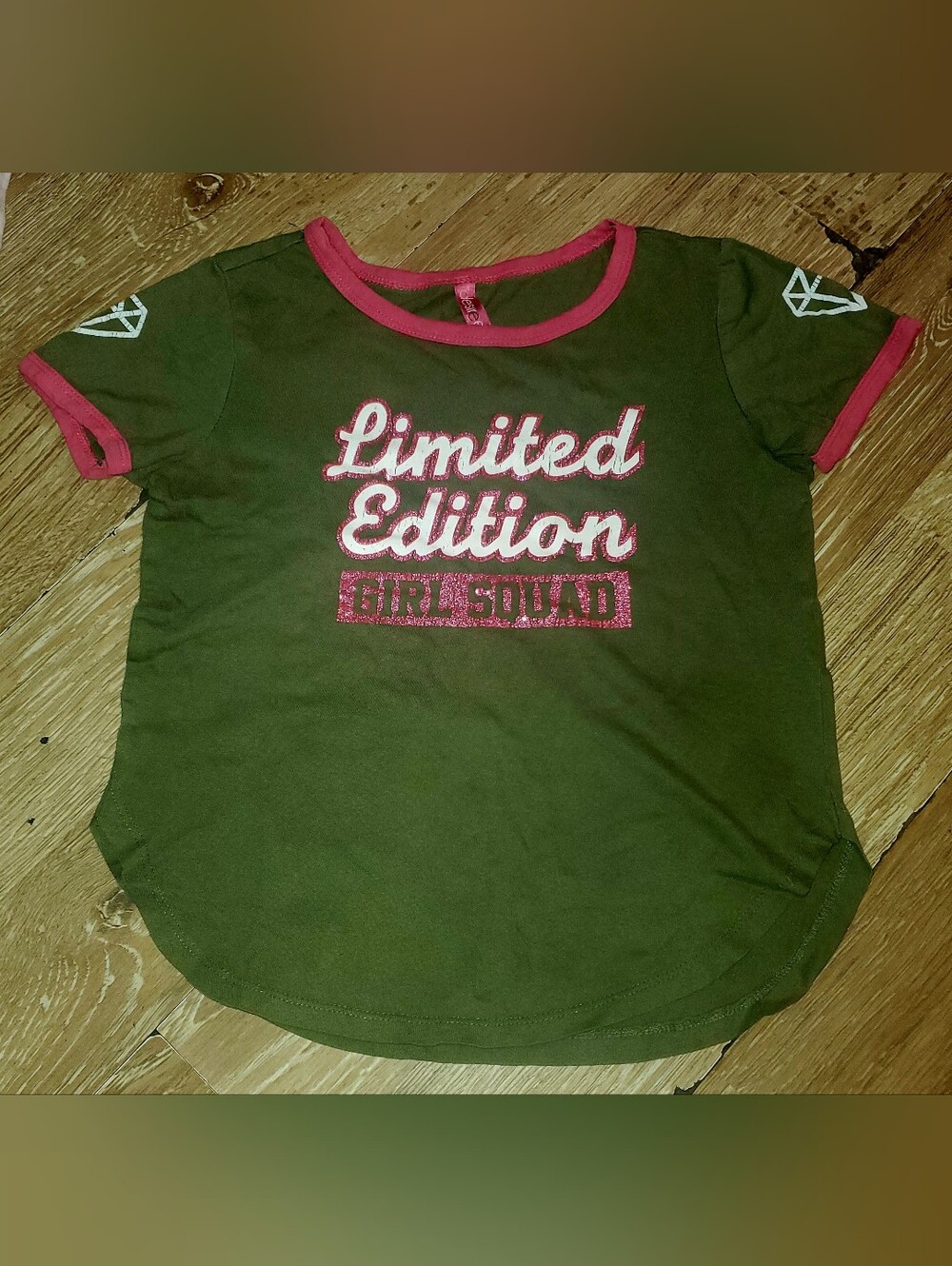 Juniors Desiree Olive Green 'Limited Edition' Tee with Pink Trim & Glitter